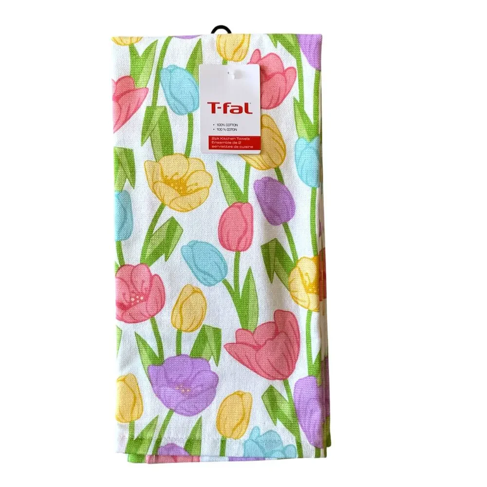 T-Fal Floral Cotton Kitchen Towels 18x28 Pop of Color Spring Tulips Set of 2 NEW